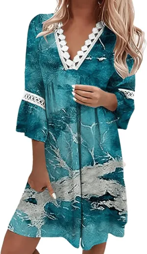 Women's Boho Floral Lace V-Neck Dress, 3/4 Sleeve Mini Beach Sundress, Flowy Swing Hawaiian Print for Summer 2024