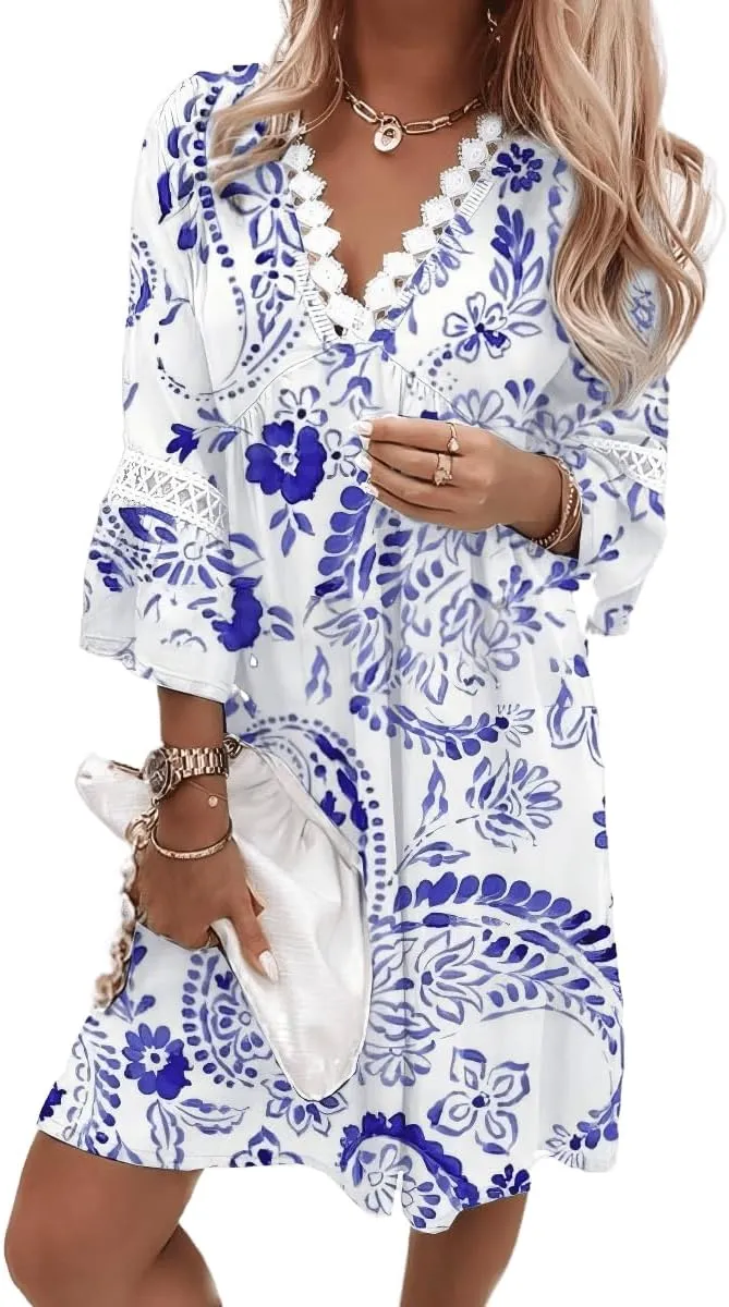 Women's Boho Floral Lace V-Neck Dress, 3/4 Sleeve Mini Beach Sundress, Flowy Swing Hawaiian Print for Summer 2024
