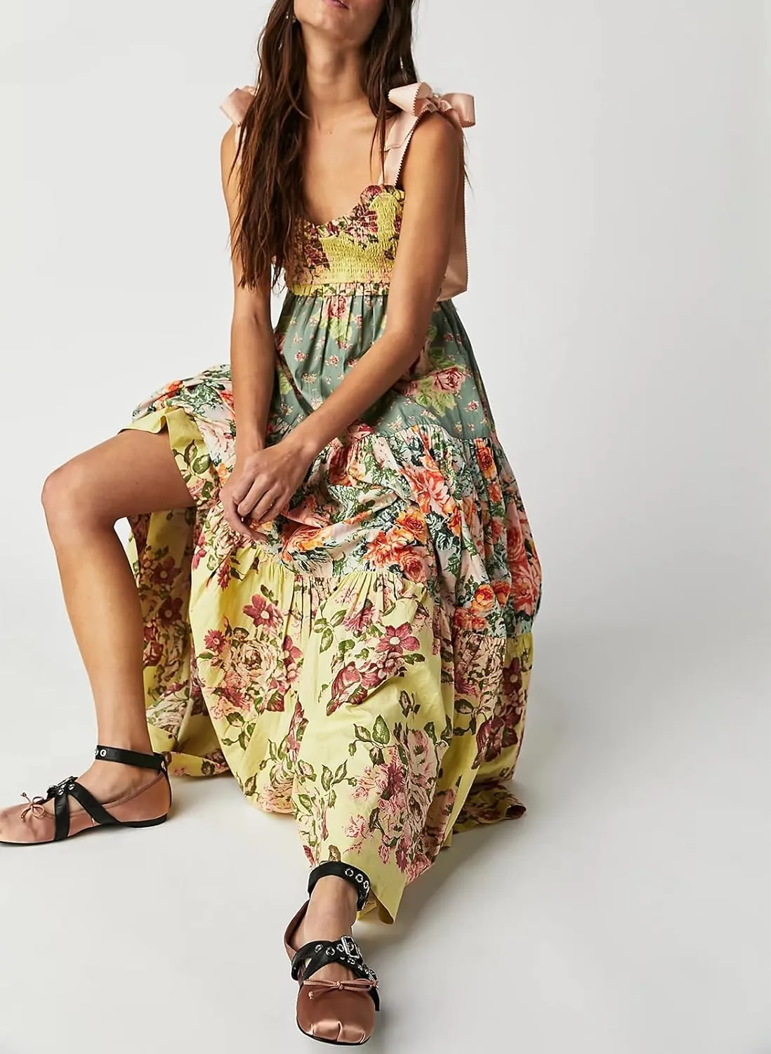 Women's Boho Tie Shoulder Dress Y2k Floral Long Flowy Maxi Dresses Cute Summer Smocked Picnic Beach Cami Sundress