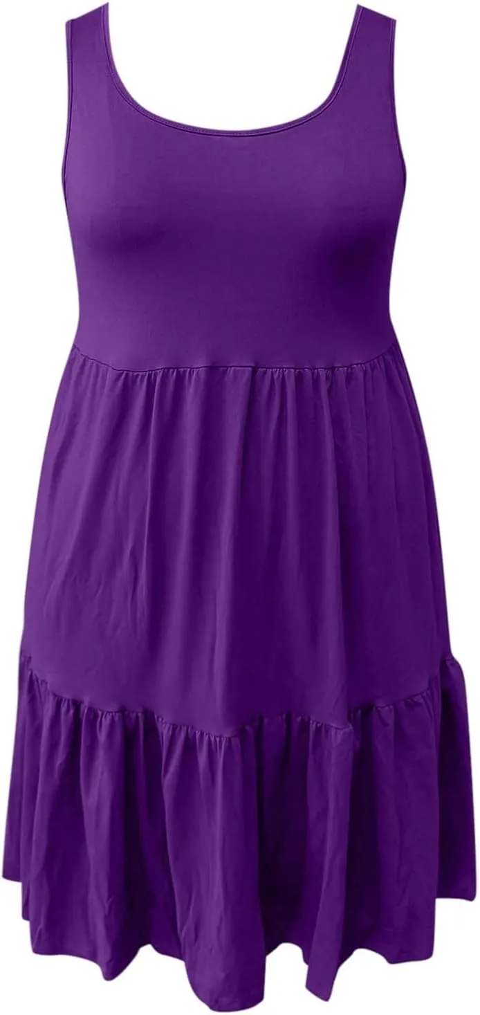 Womens Casual Dresses,2025 Summer Sleveless U Neck Mini Desses Flowy Smocked Hem Short Sundress Tank Plus Size Dress