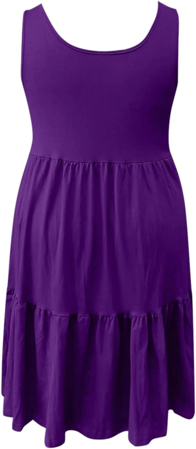 Womens Casual Dresses,2025 Summer Sleveless U Neck Mini Desses Flowy Smocked Hem Short Sundress Tank Plus Size Dress