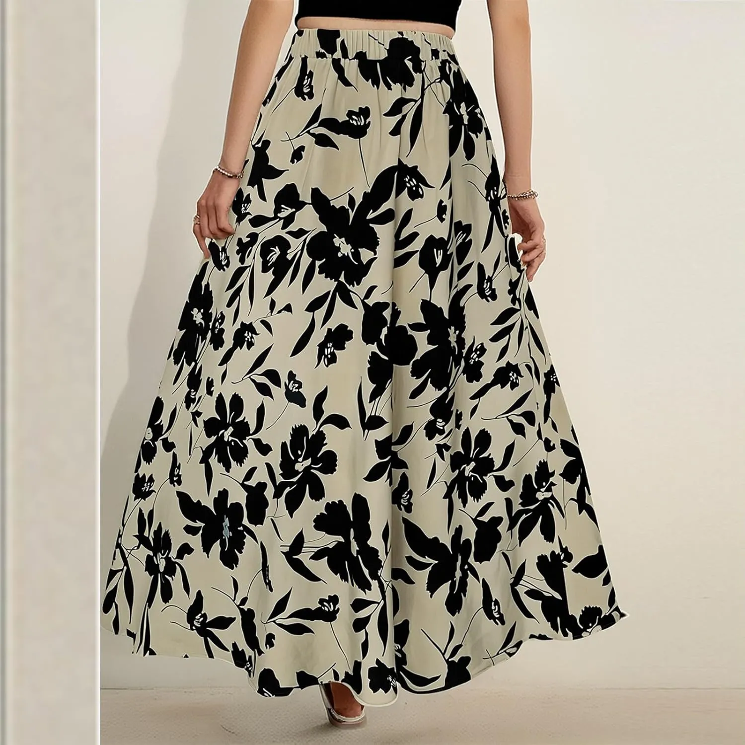 Womens Casual Skirts Summer Boho Flower Swing Skirts High Waisted Tiered Maxi Skirt Beach Holiday Clothes