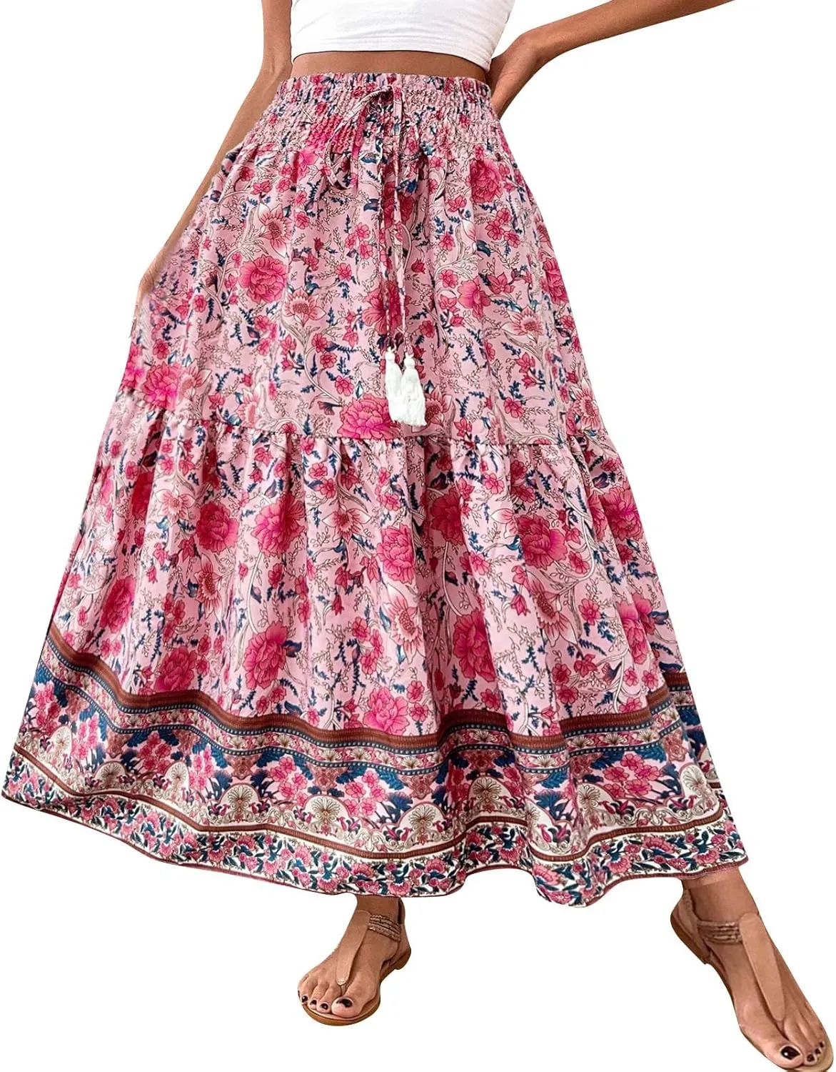 Womens Casual Skirts Summer Boho Flower Swing Skirts High Waisted Tiered Maxi Skirt Beach Holiday Clothes