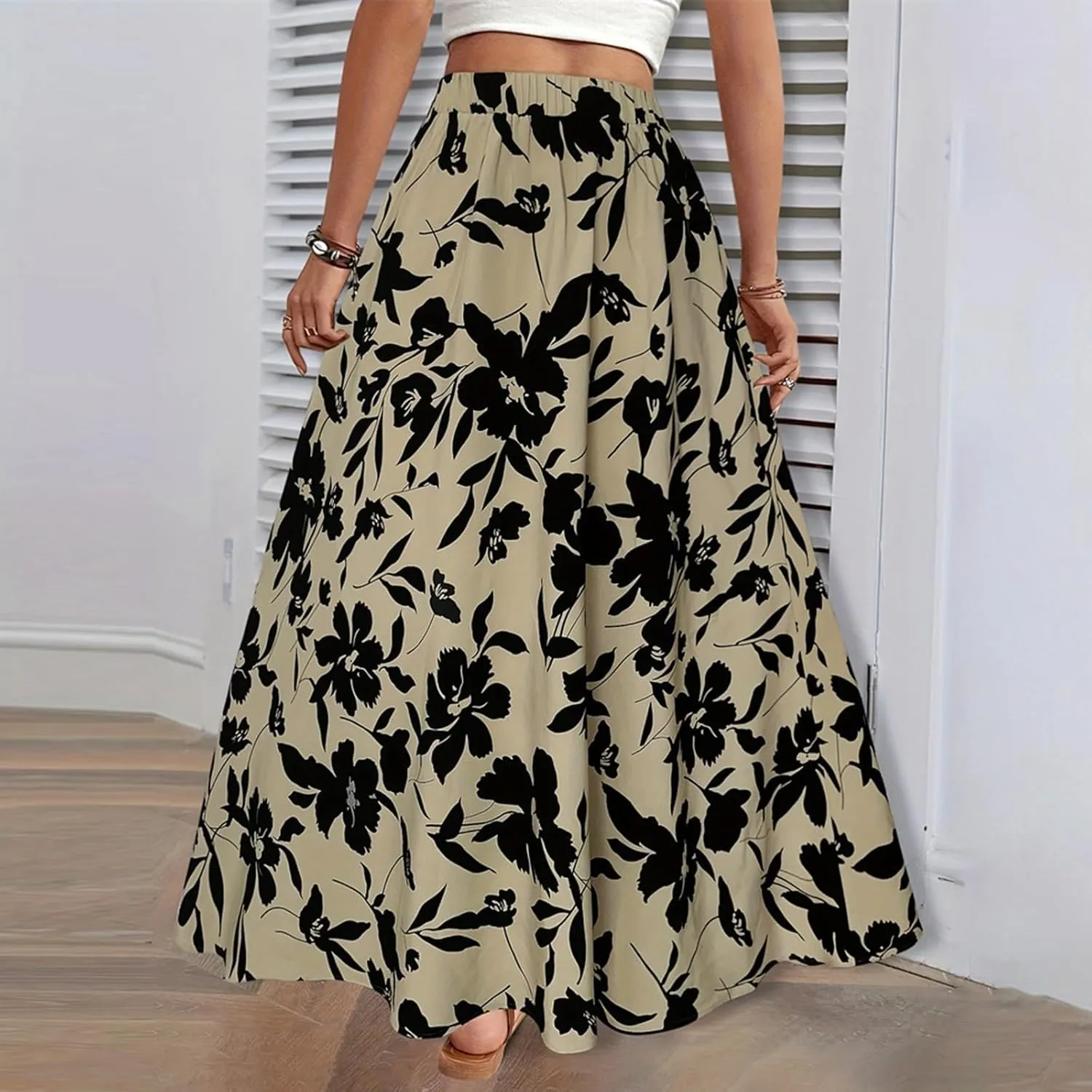 Womens Casual Skirts Summer Boho Flower Swing Skirts High Waisted Tiered Maxi Skirt Beach Holiday Clothes