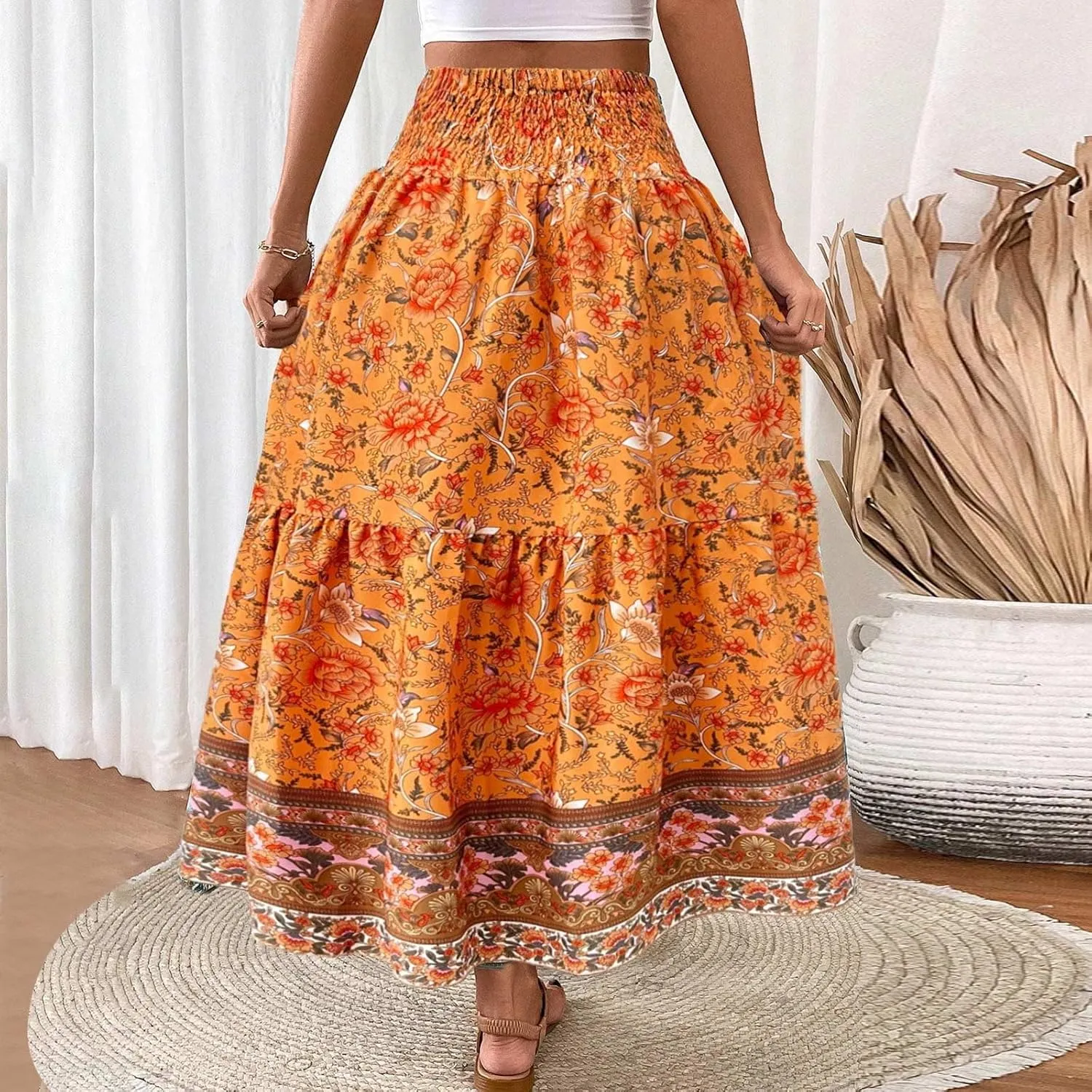 Womens Casual Skirts Summer Boho Flower Swing Skirts High Waisted Tiered Maxi Skirt Beach Holiday Clothes