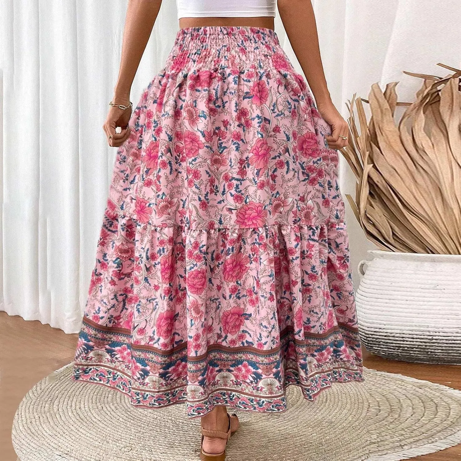 Womens Casual Skirts Summer Boho Flower Swing Skirts High Waisted Tiered Maxi Skirt Beach Holiday Clothes