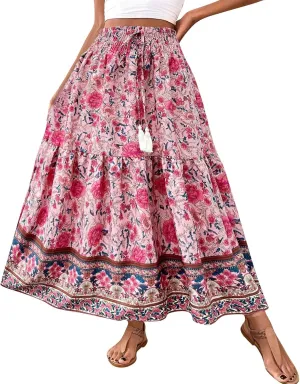 Womens Casual Skirts Summer Boho Flower Swing Skirts High Waisted Tiered Maxi Skirt Beach Holiday Clothes