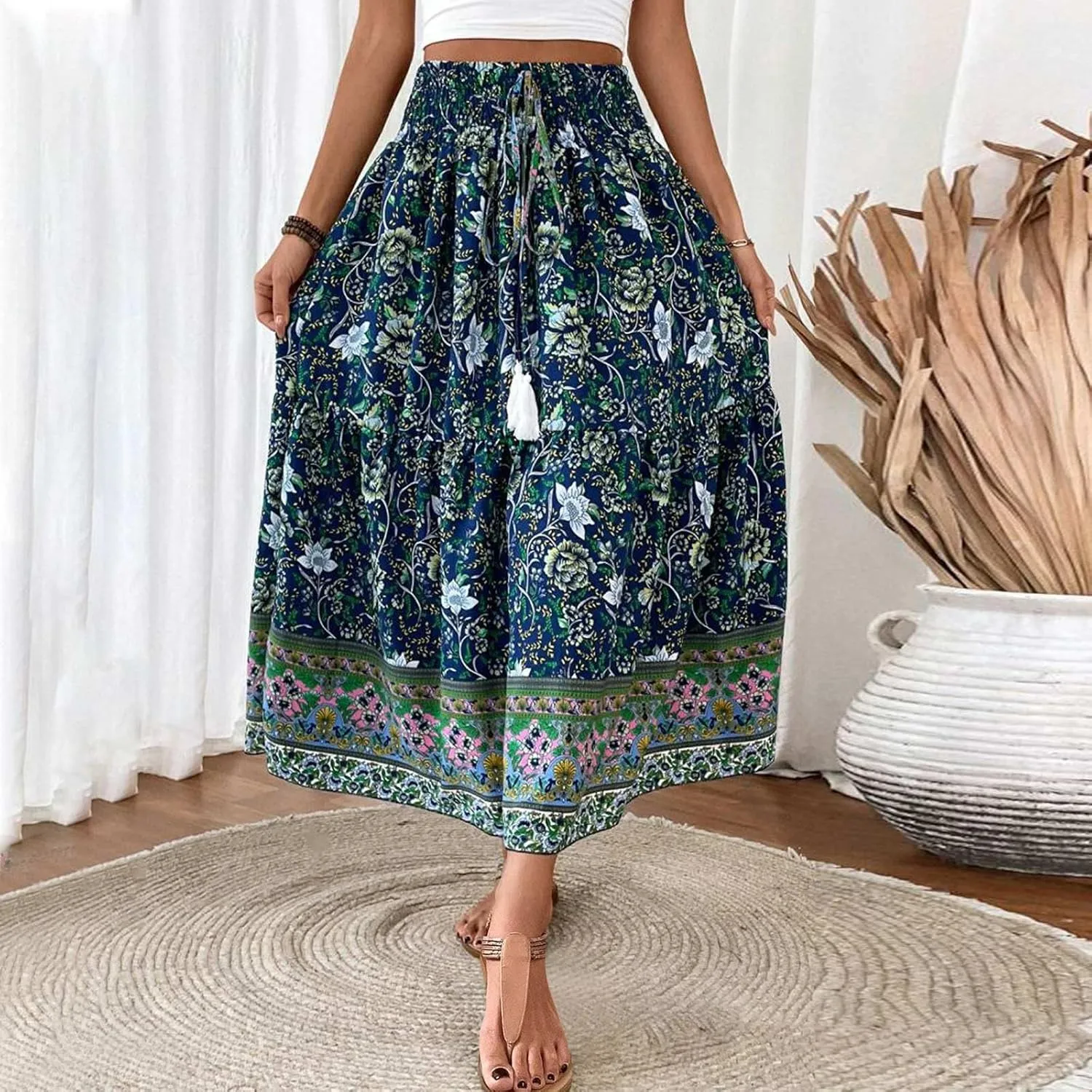 Womens Casual Skirts Summer Boho Flower Swing Skirts High Waisted Tiered Maxi Skirt Beach Holiday Clothes
