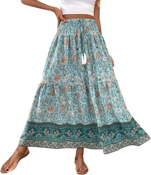 Womens Casual Skirts Summer Boho Flower Swing Skirts High Waisted Tiered Maxi Skirt Beach Holiday Clothes