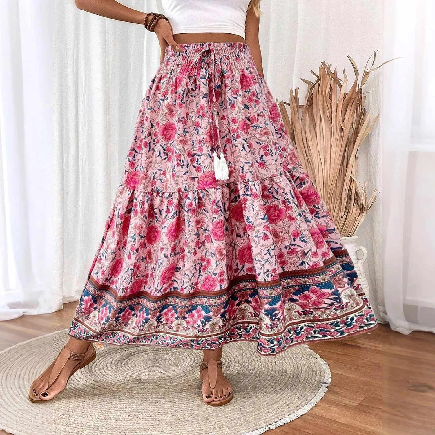 Womens Casual Skirts Summer Boho Flower Swing Skirts High Waisted Tiered Maxi Skirt Beach Holiday Clothes