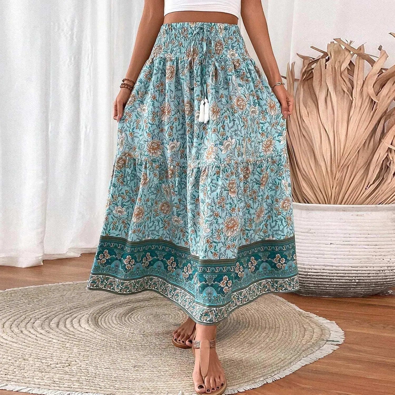 Womens Casual Skirts Summer Boho Flower Swing Skirts High Waisted Tiered Maxi Skirt Beach Holiday Clothes