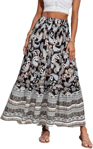 Womens Casual Skirts Summer Boho Flower Swing Skirts High Waisted Tiered Maxi Skirt Beach Holiday Clothes