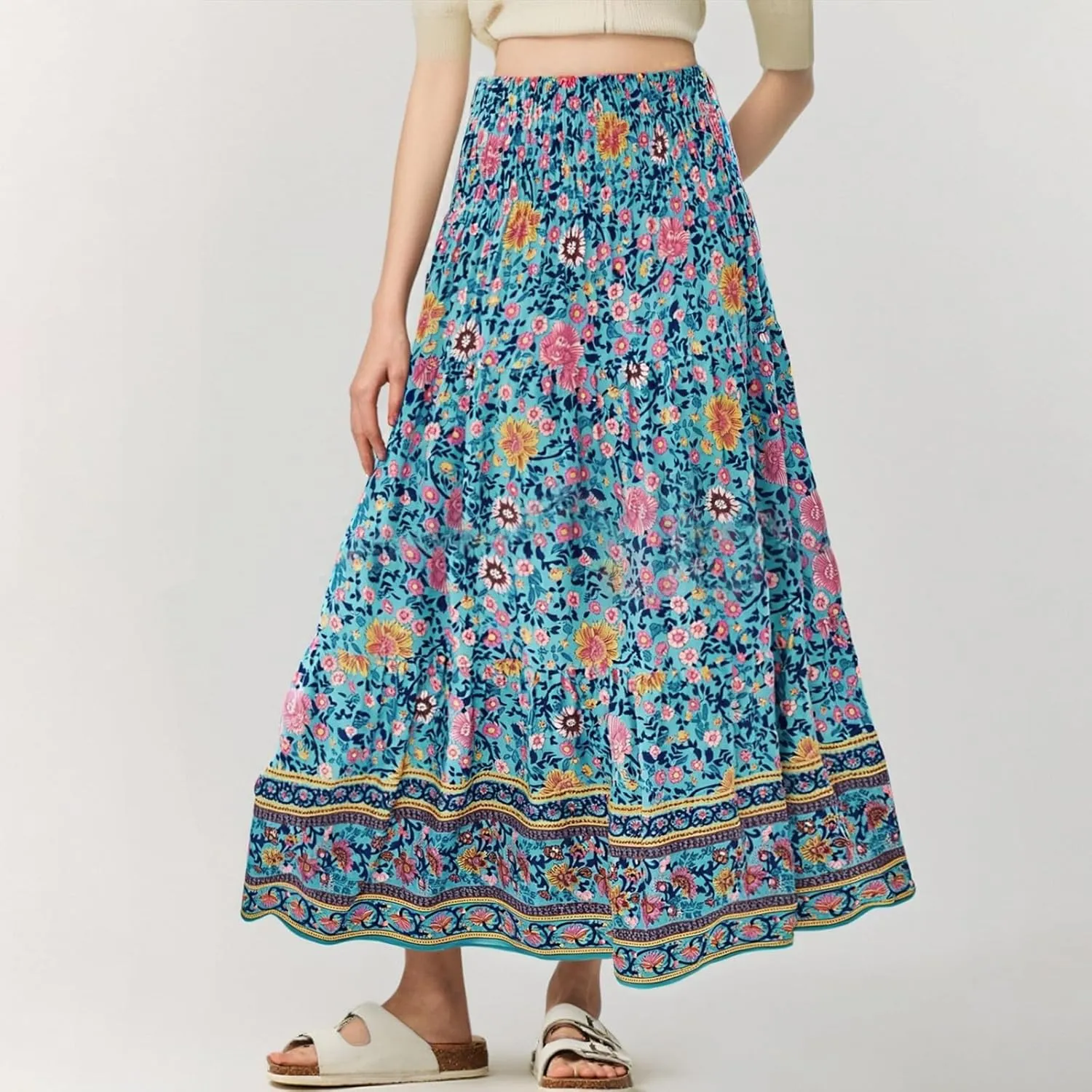 Womens Casual Skirts Summer Boho Flower Swing Skirts High Waisted Tiered Maxi Skirt Beach Holiday Clothes