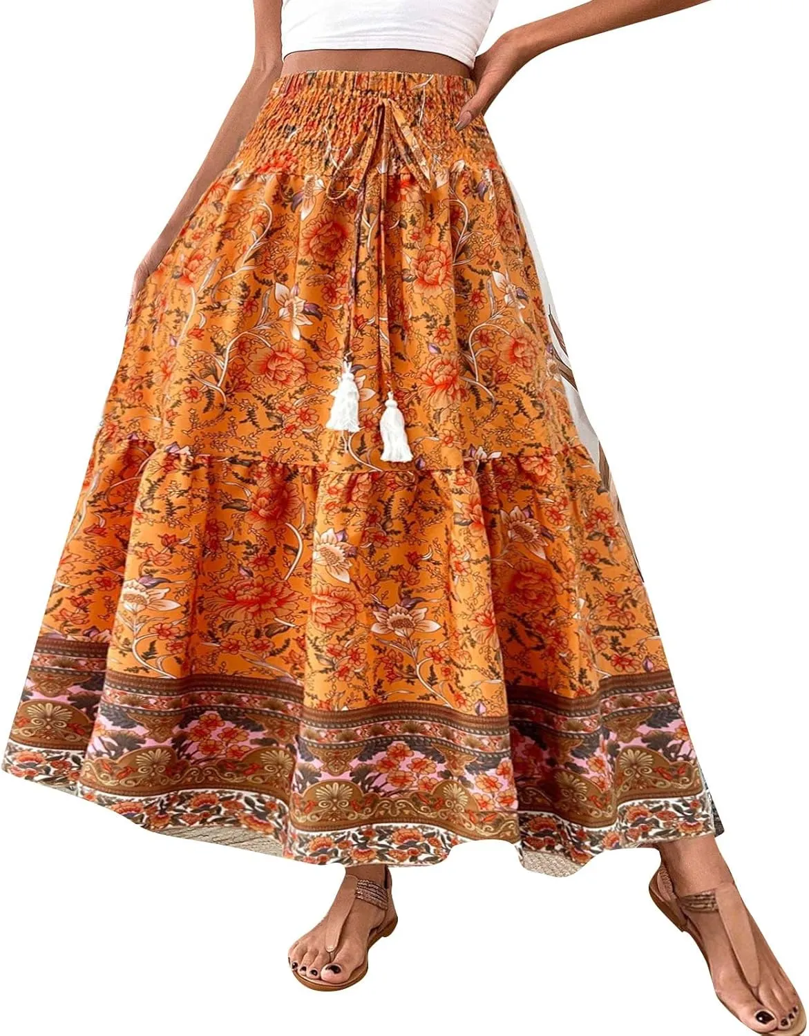 Womens Casual Skirts Summer Boho Flower Swing Skirts High Waisted Tiered Maxi Skirt Beach Holiday Clothes