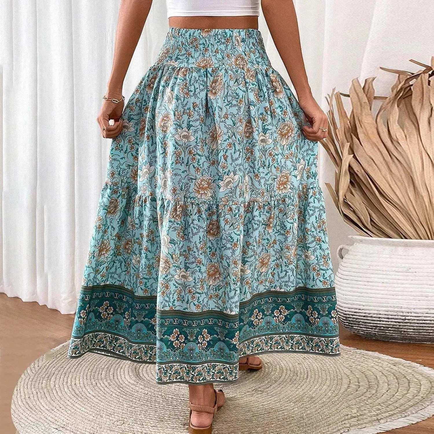 Womens Casual Skirts Summer Boho Flower Swing Skirts High Waisted Tiered Maxi Skirt Beach Holiday Clothes