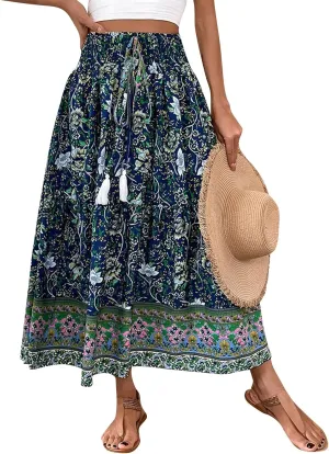 Womens Casual Skirts Summer Boho Flower Swing Skirts High Waisted Tiered Maxi Skirt Beach Holiday Clothes