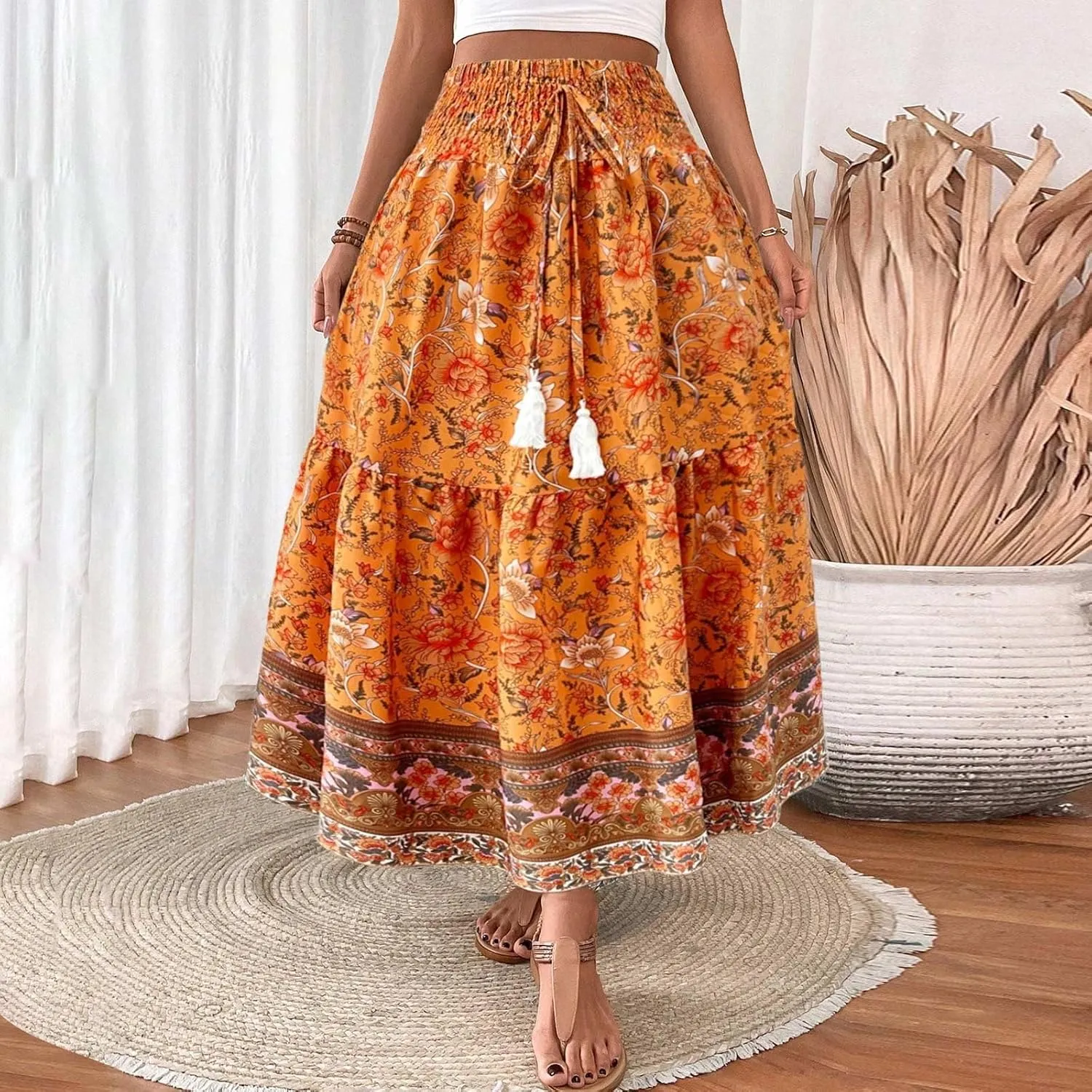 Womens Casual Skirts Summer Boho Flower Swing Skirts High Waisted Tiered Maxi Skirt Beach Holiday Clothes