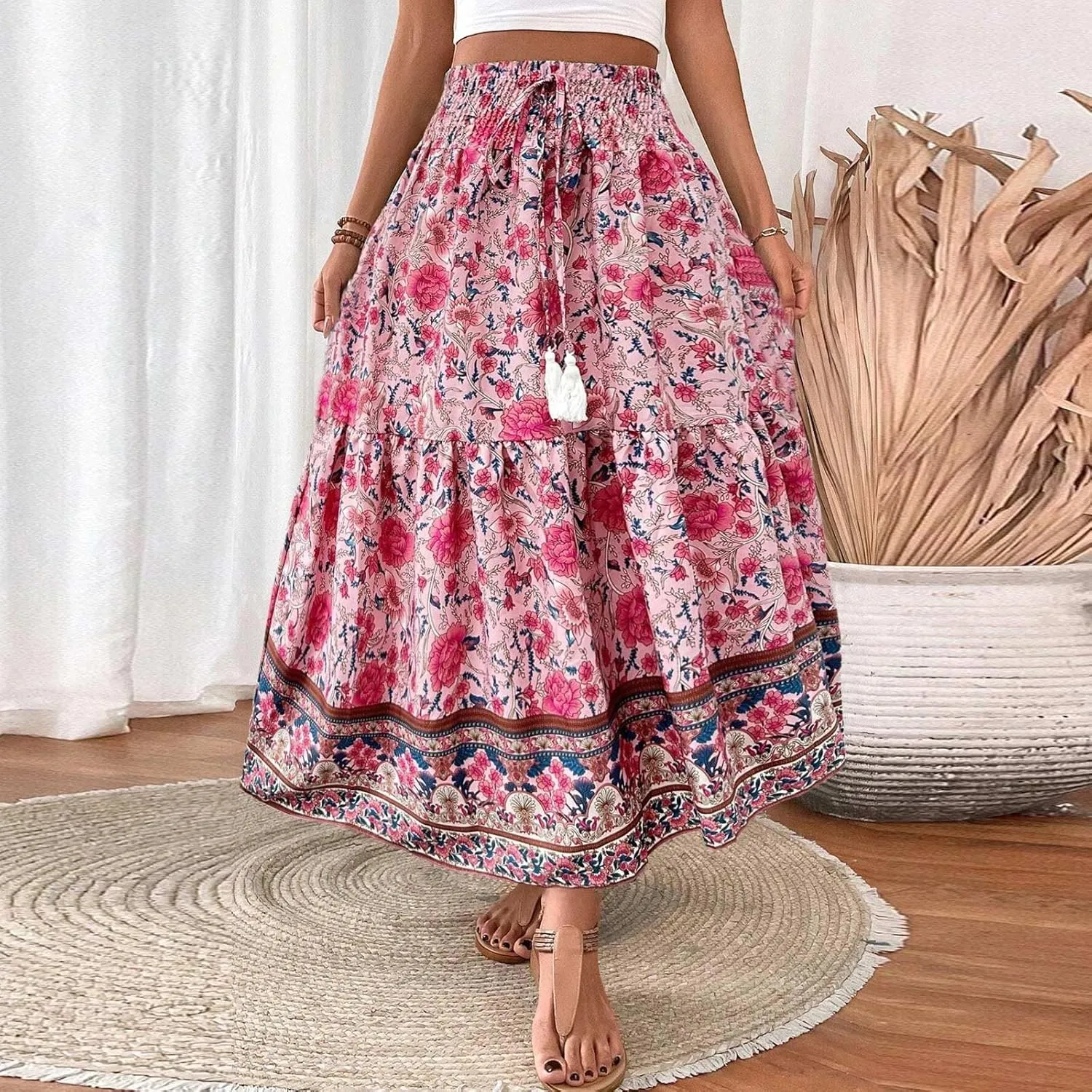 Womens Casual Skirts Summer Boho Flower Swing Skirts High Waisted Tiered Maxi Skirt Beach Holiday Clothes