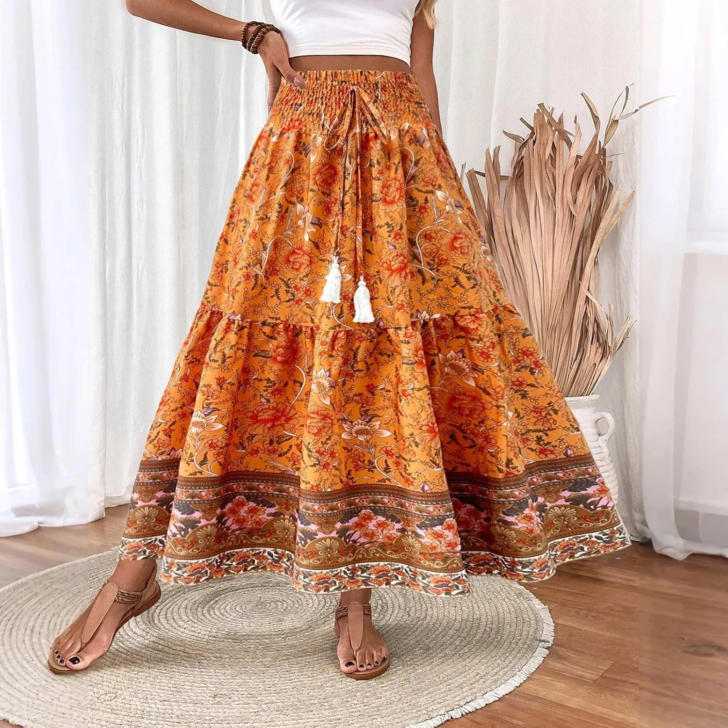 Womens Casual Skirts Summer Boho Flower Swing Skirts High Waisted Tiered Maxi Skirt Beach Holiday Clothes