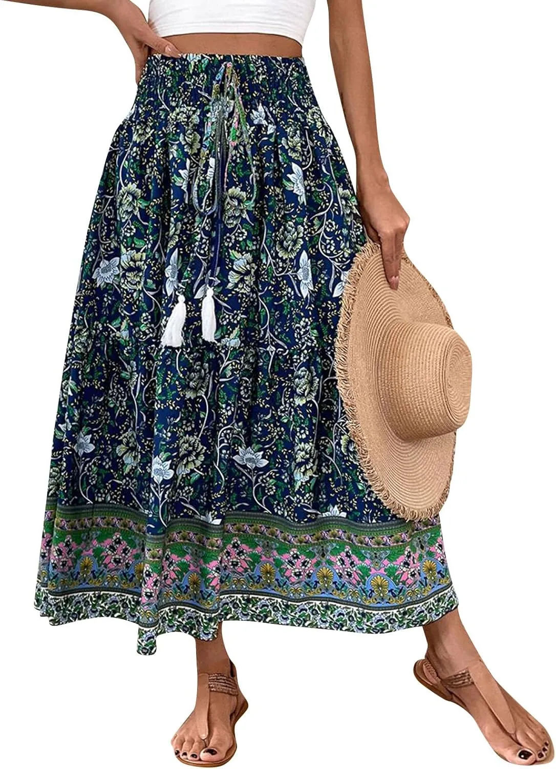 Womens Casual Skirts Summer Boho Flower Swing Skirts High Waisted Tiered Maxi Skirt Beach Holiday Clothes
