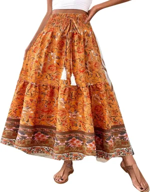 Womens Casual Skirts Summer Boho Flower Swing Skirts High Waisted Tiered Maxi Skirt Beach Holiday Clothes