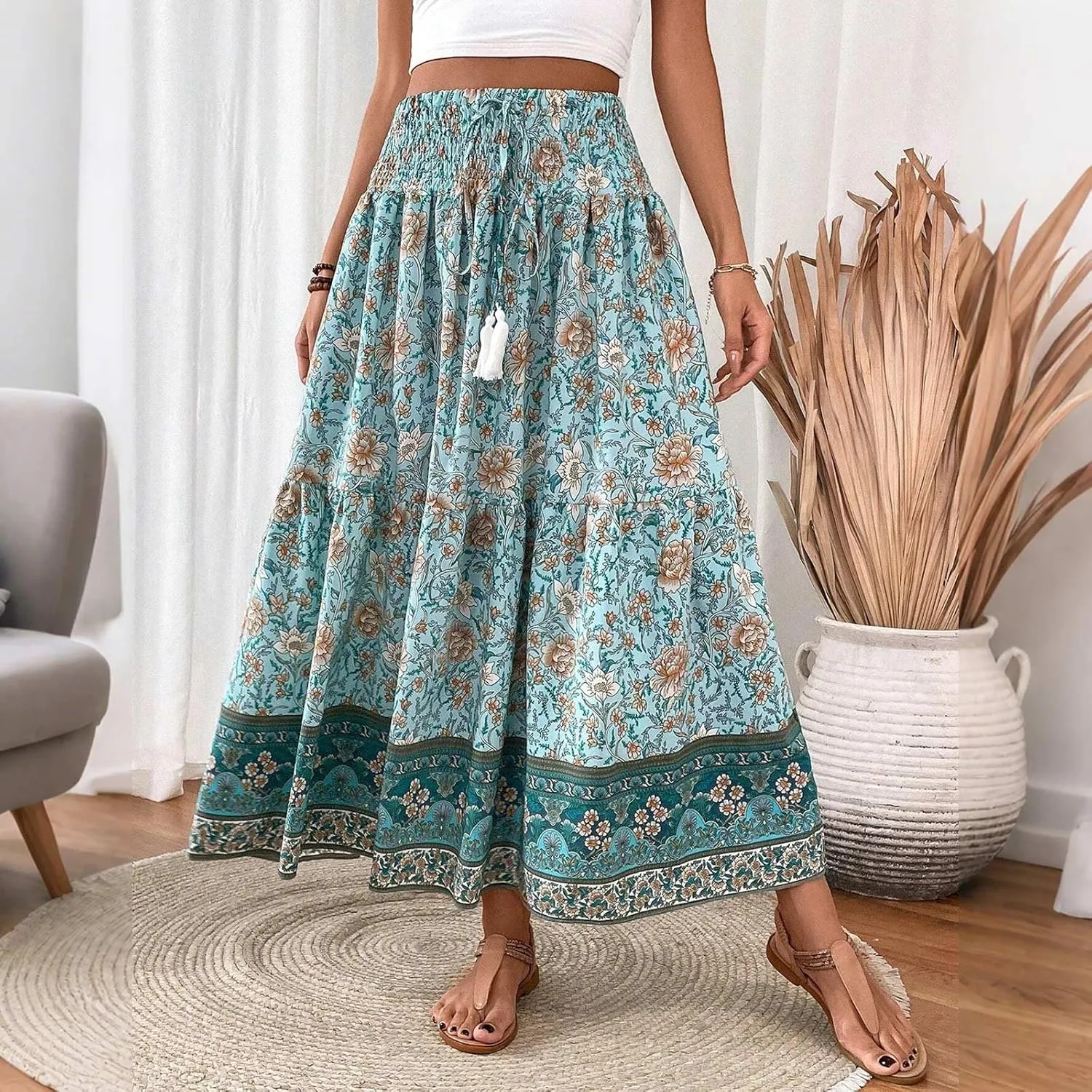 Womens Casual Skirts Summer Boho Flower Swing Skirts High Waisted Tiered Maxi Skirt Beach Holiday Clothes