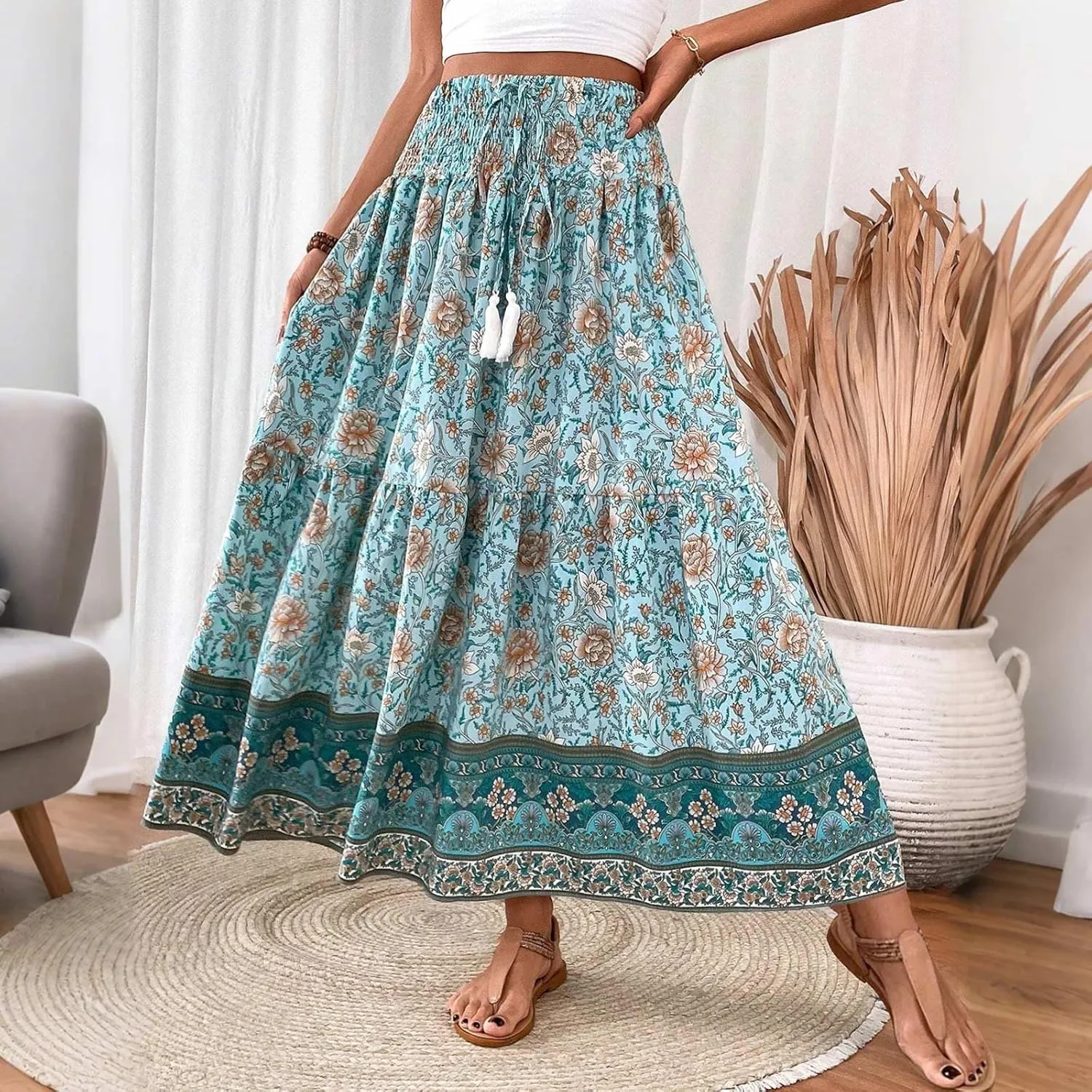 Womens Casual Skirts Summer Boho Flower Swing Skirts High Waisted Tiered Maxi Skirt Beach Holiday Clothes