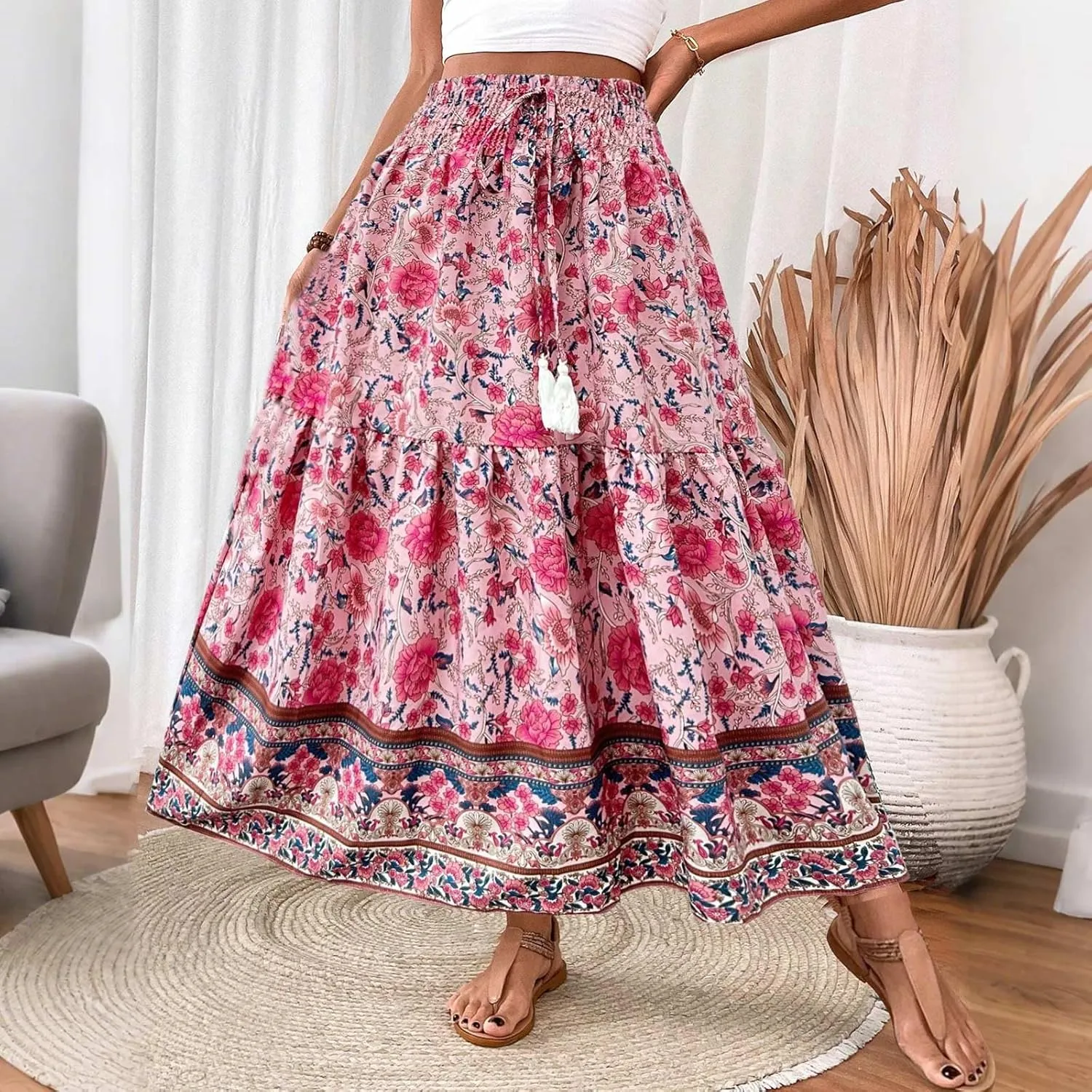 Womens Casual Skirts Summer Boho Flower Swing Skirts High Waisted Tiered Maxi Skirt Beach Holiday Clothes