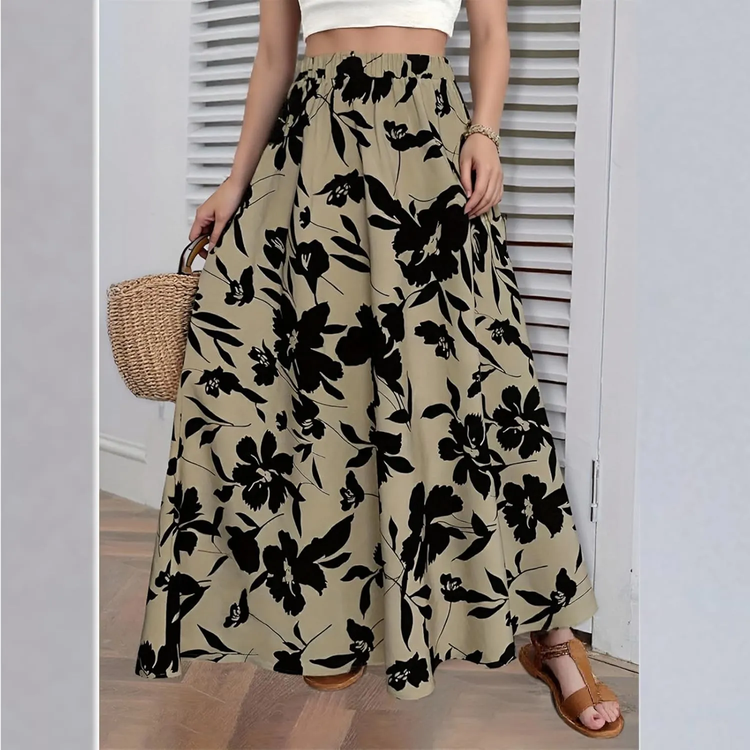 Womens Casual Skirts Summer Boho Flower Swing Skirts High Waisted Tiered Maxi Skirt Beach Holiday Clothes
