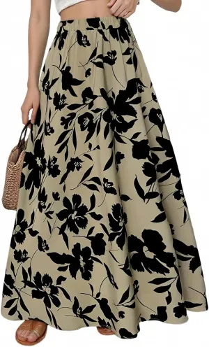 Womens Casual Skirts Summer Boho Flower Swing Skirts High Waisted Tiered Maxi Skirt Beach Holiday Clothes