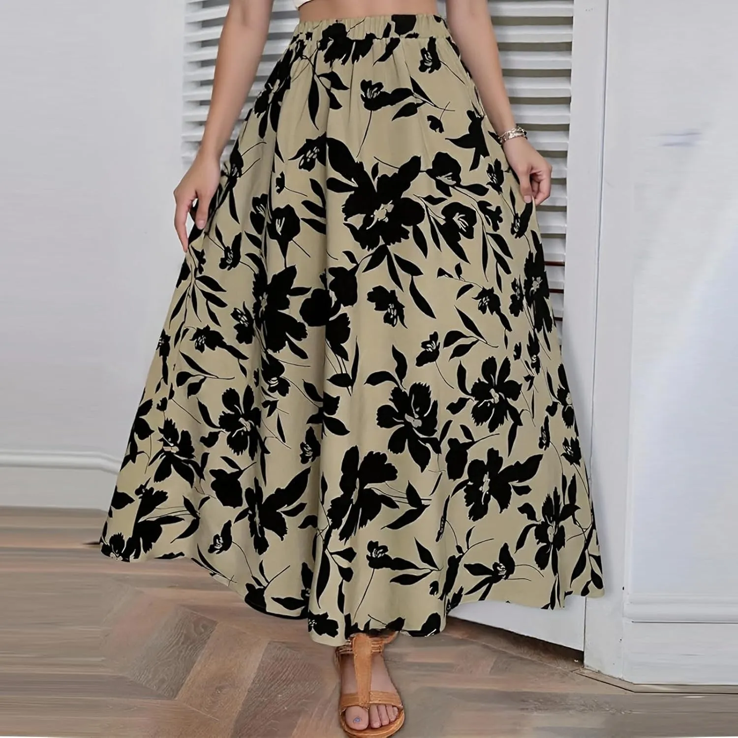 Womens Casual Skirts Summer Boho Flower Swing Skirts High Waisted Tiered Maxi Skirt Beach Holiday Clothes