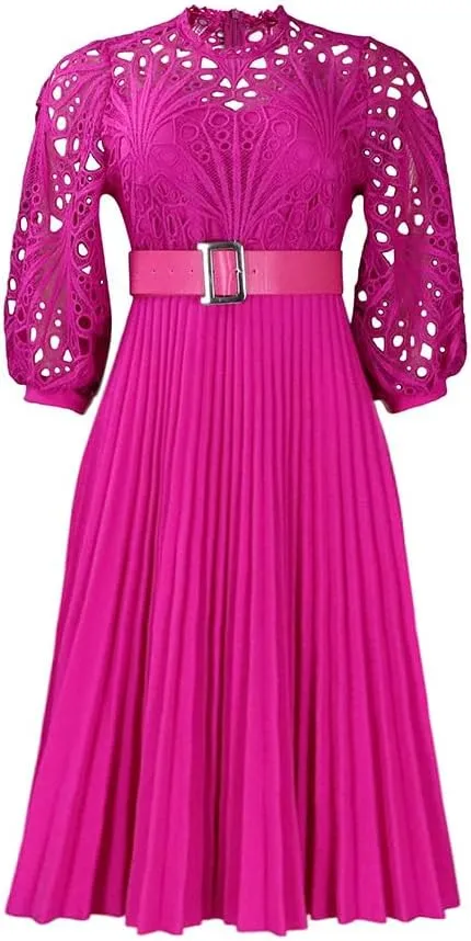 Women's Classic 3/4 Sleeve Floral Lace Office Lady Dress Business Midi Pleated Dresses with Belt