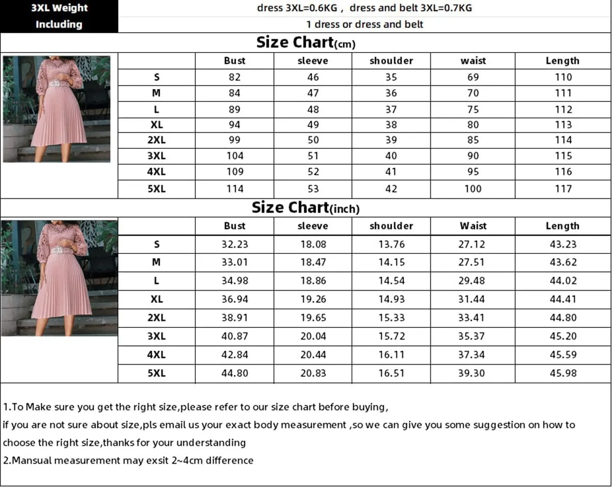 Women's Classic 3/4 Sleeve Floral Lace Office Lady Dress Business Midi Pleated Dresses with Belt