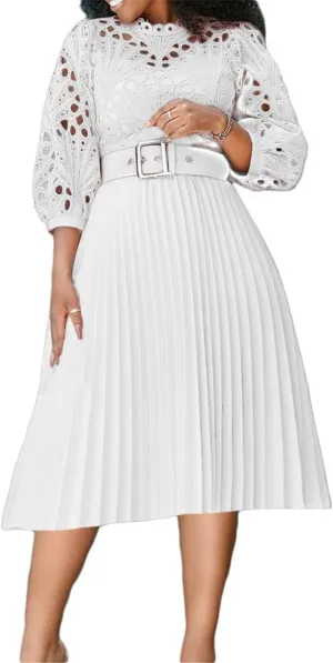 Women's Classic 3/4 Sleeve Floral Lace Office Lady Dress Business Midi Pleated Dresses with Belt