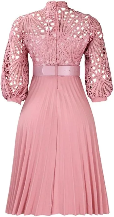 Women's Classic 3/4 Sleeve Floral Lace Office Lady Dress Business Midi Pleated Dresses with Belt