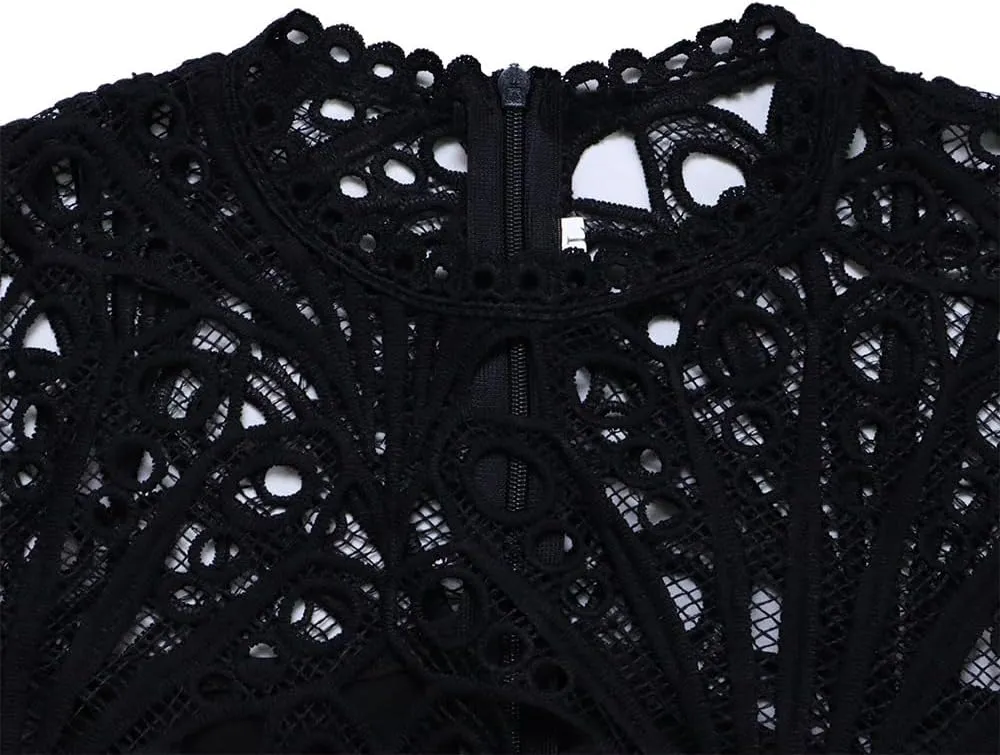 Women's Classic 3/4 Sleeve Floral Lace Office Lady Dress Business Midi Pleated Dresses with Belt