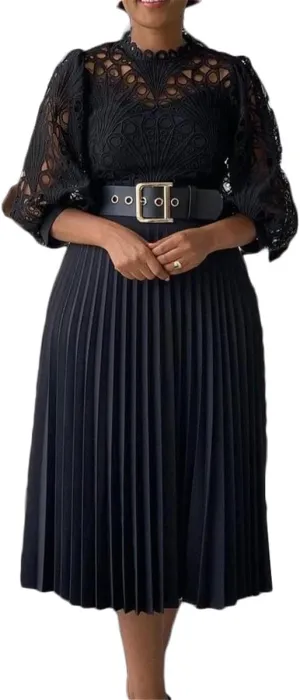 Women's Classic 3/4 Sleeve Floral Lace Office Lady Dress Business Midi Pleated Dresses with Belt