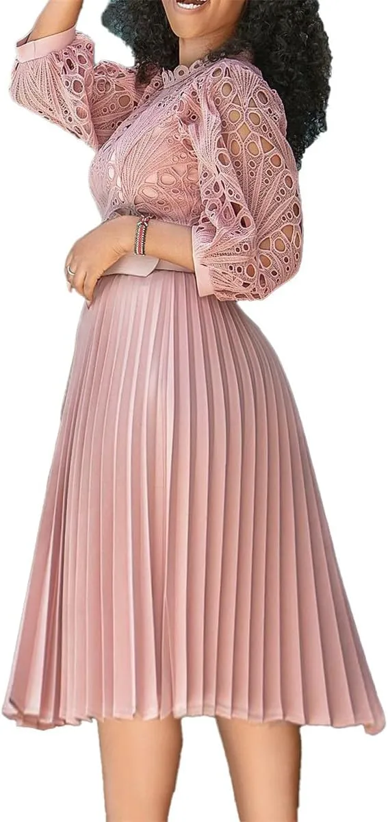 Women's Classic 3/4 Sleeve Floral Lace Office Lady Dress Business Midi Pleated Dresses with Belt
