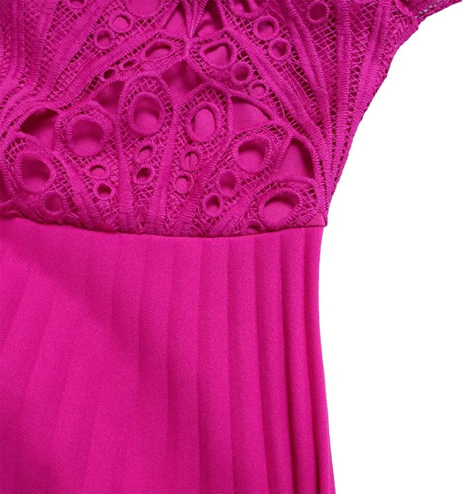 Women's Classic 3/4 Sleeve Floral Lace Office Lady Dress Business Midi Pleated Dresses with Belt