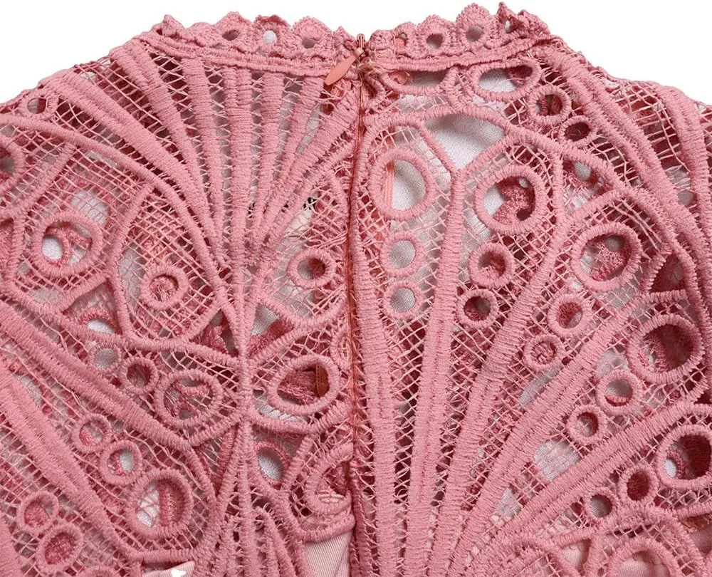 Women's Classic 3/4 Sleeve Floral Lace Office Lady Dress Business Midi Pleated Dresses with Belt