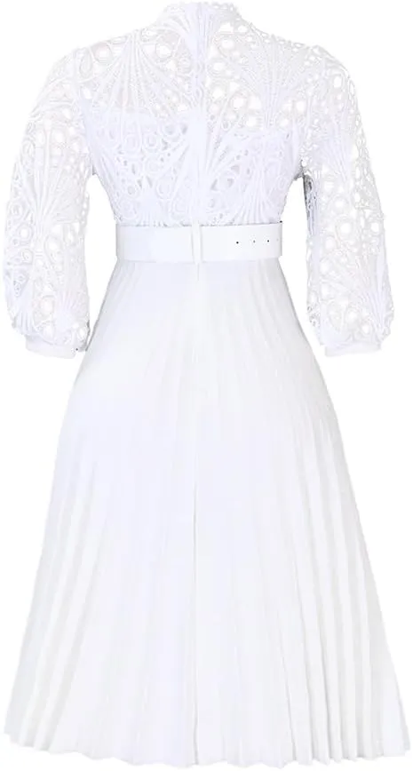 Women's Classic 3/4 Sleeve Floral Lace Office Lady Dress Business Midi Pleated Dresses with Belt
