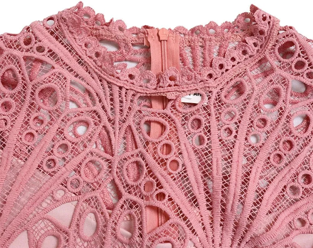 Women's Classic 3/4 Sleeve Floral Lace Office Lady Dress Business Midi Pleated Dresses with Belt