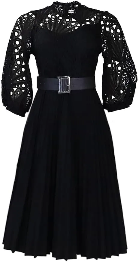 Women's Classic 3/4 Sleeve Floral Lace Office Lady Dress Business Midi Pleated Dresses with Belt