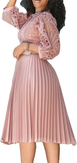 Women's Classic 3/4 Sleeve Floral Lace Office Lady Dress Business Midi Pleated Dresses with Belt
