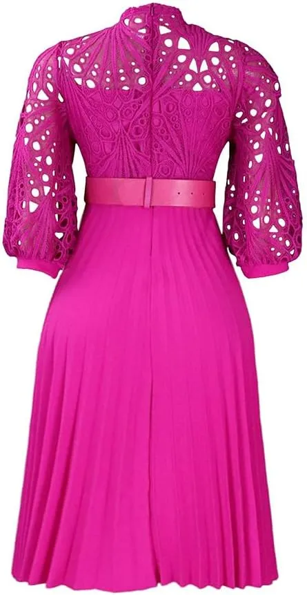 Women's Classic 3/4 Sleeve Floral Lace Office Lady Dress Business Midi Pleated Dresses with Belt