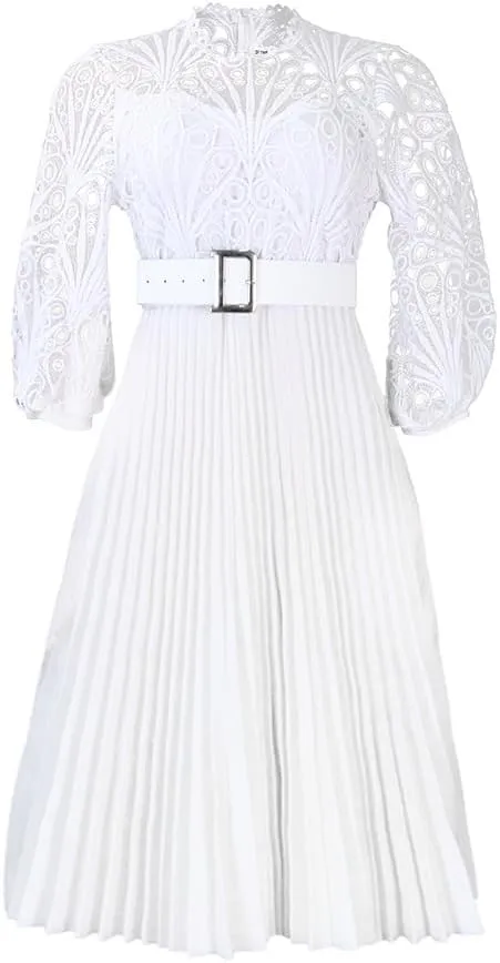 Women's Classic 3/4 Sleeve Floral Lace Office Lady Dress Business Midi Pleated Dresses with Belt