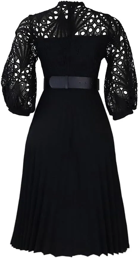 Women's Classic 3/4 Sleeve Floral Lace Office Lady Dress Business Midi Pleated Dresses with Belt