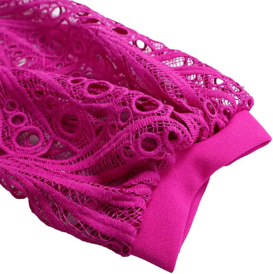 Women's Classic 3/4 Sleeve Floral Lace Office Lady Dress Business Midi Pleated Dresses with Belt