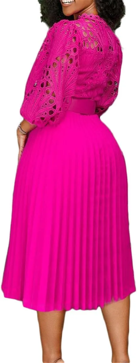 Women's Classic 3/4 Sleeve Floral Lace Office Lady Dress Business Midi Pleated Dresses with Belt