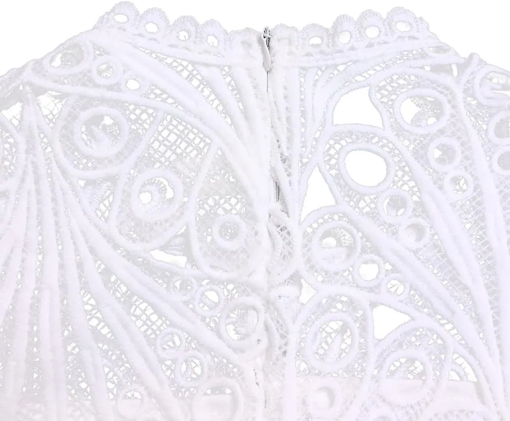 Women's Classic 3/4 Sleeve Floral Lace Office Lady Dress Business Midi Pleated Dresses with Belt